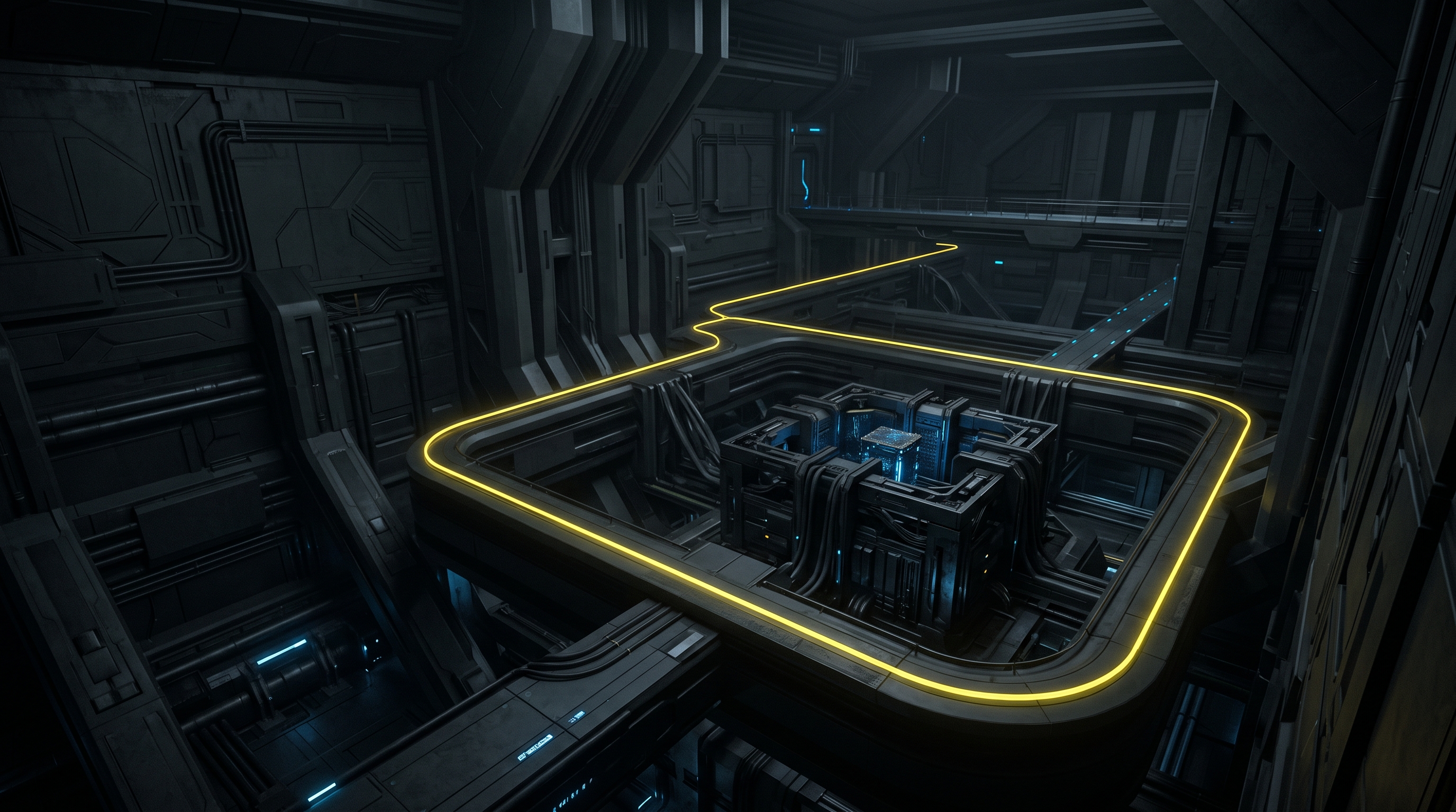 A luminous yellow boundary line escapes a dark sealed compute chamber.