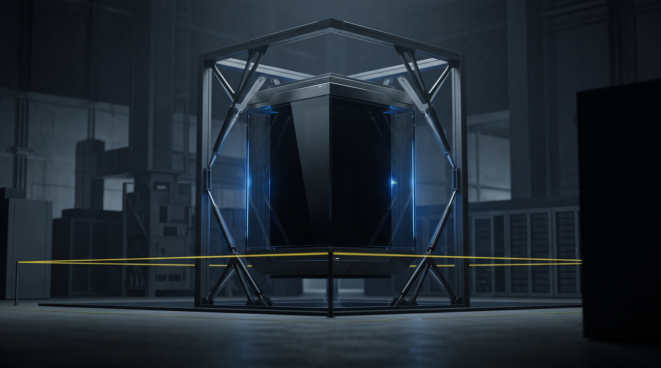 A sealed computational core behind a thin yellow containment line in a dark technical chamber.