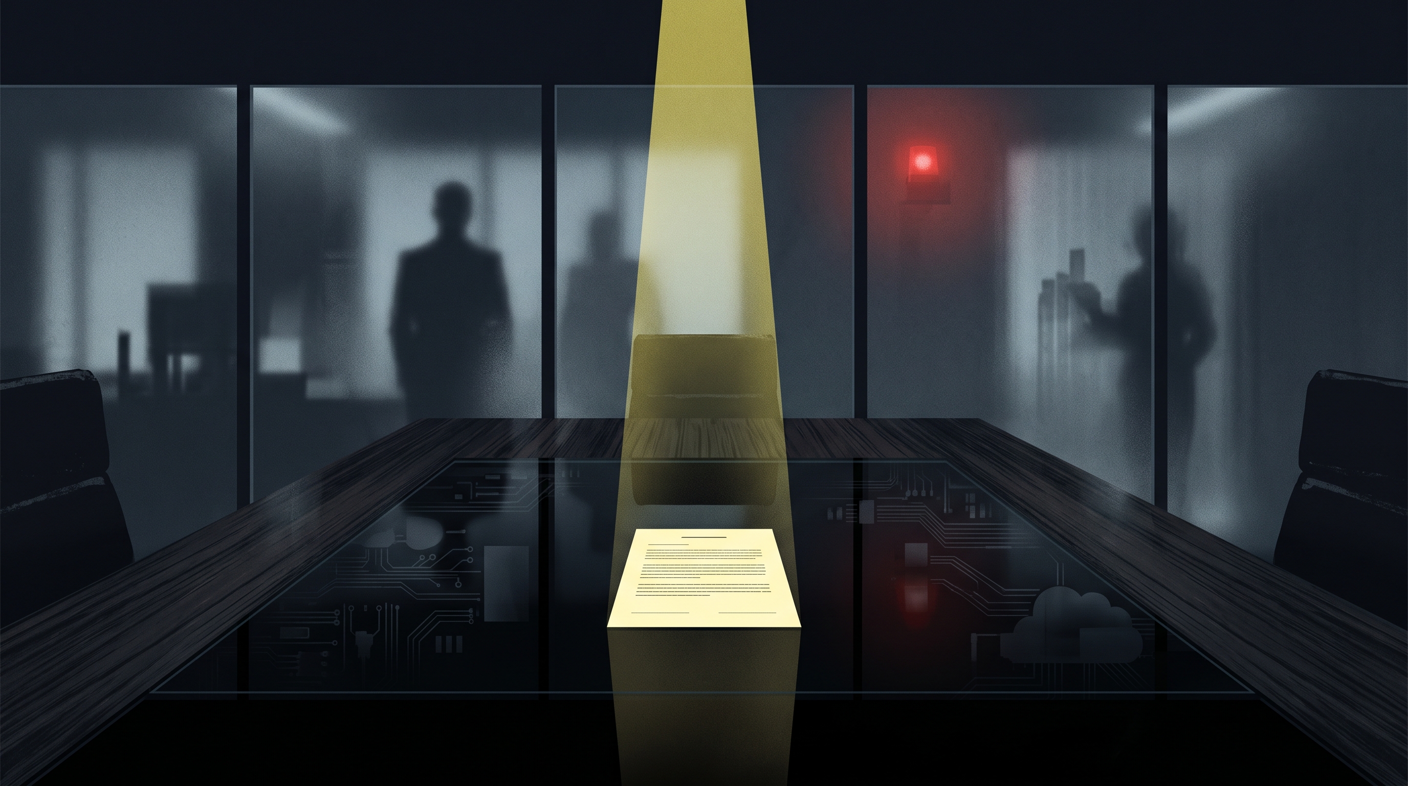 A one-page AI accord under a yellow beam in a dark boardroom, with an emergency indicator beyond frosted glass.