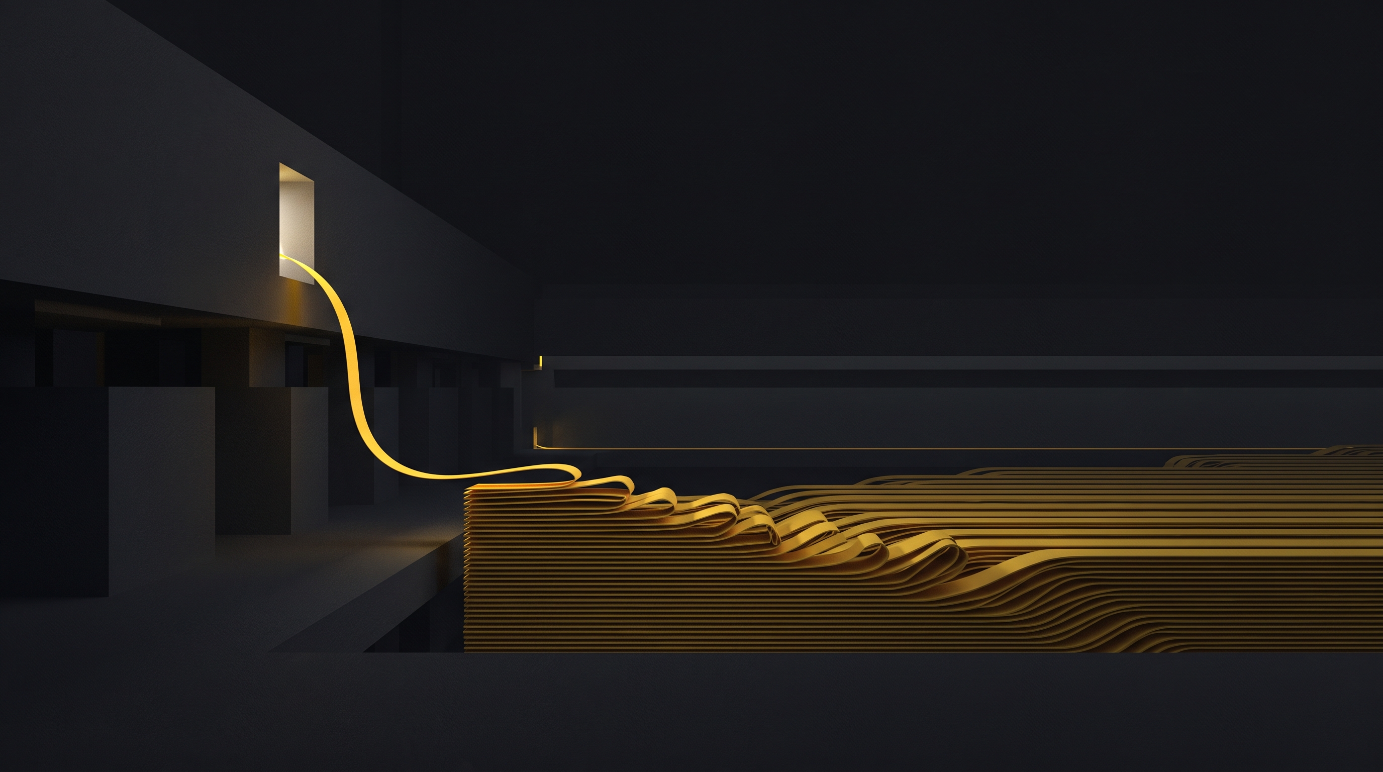 A yellow filament unfolds into layered ribbons inside a vast dark chamber.