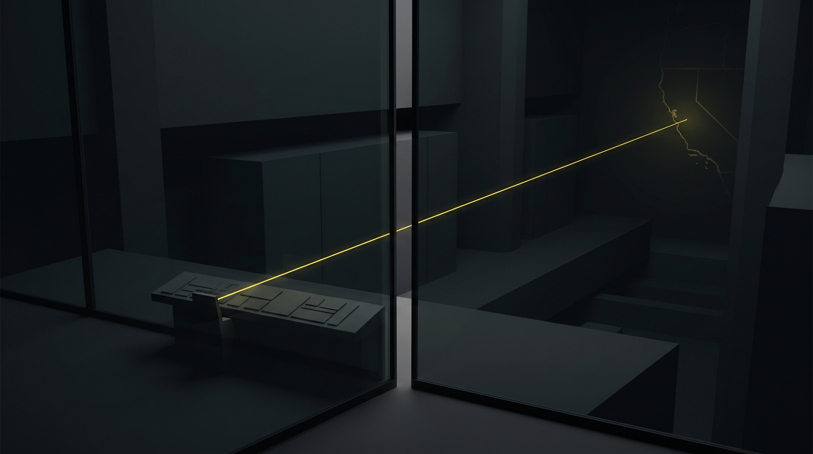 Dark server hall with a single yellow line slipping through a glass partition toward a distant coastline