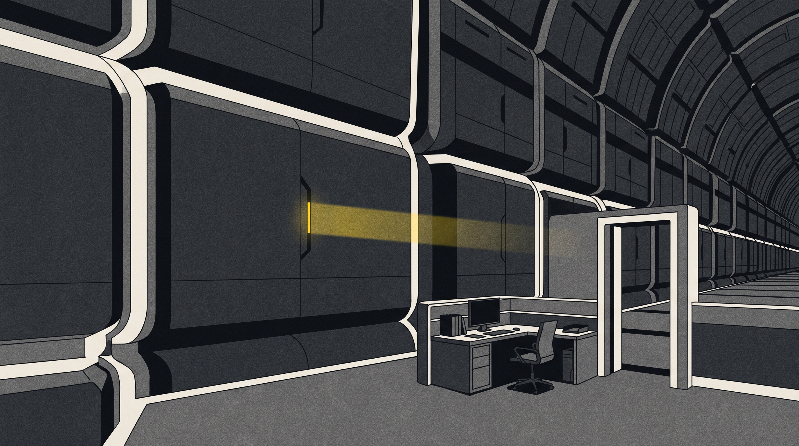 An empty workstation beside an open doorway in a dark research habitat, lit by a narrow yellow inspection light.