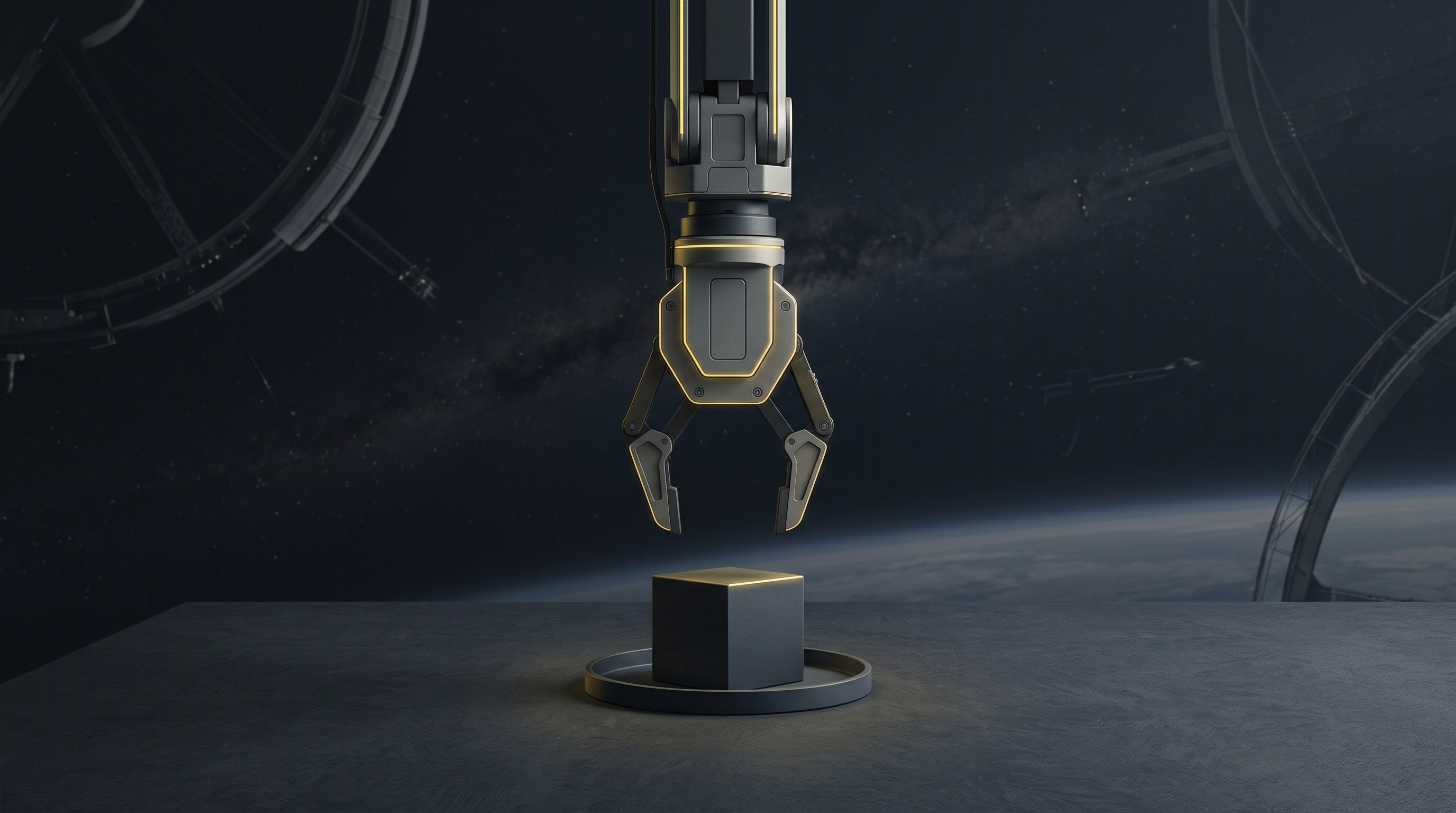 Conceptual artwork of a robotic gripper above a cube and dish, with yellow light on a charcoal work surface.