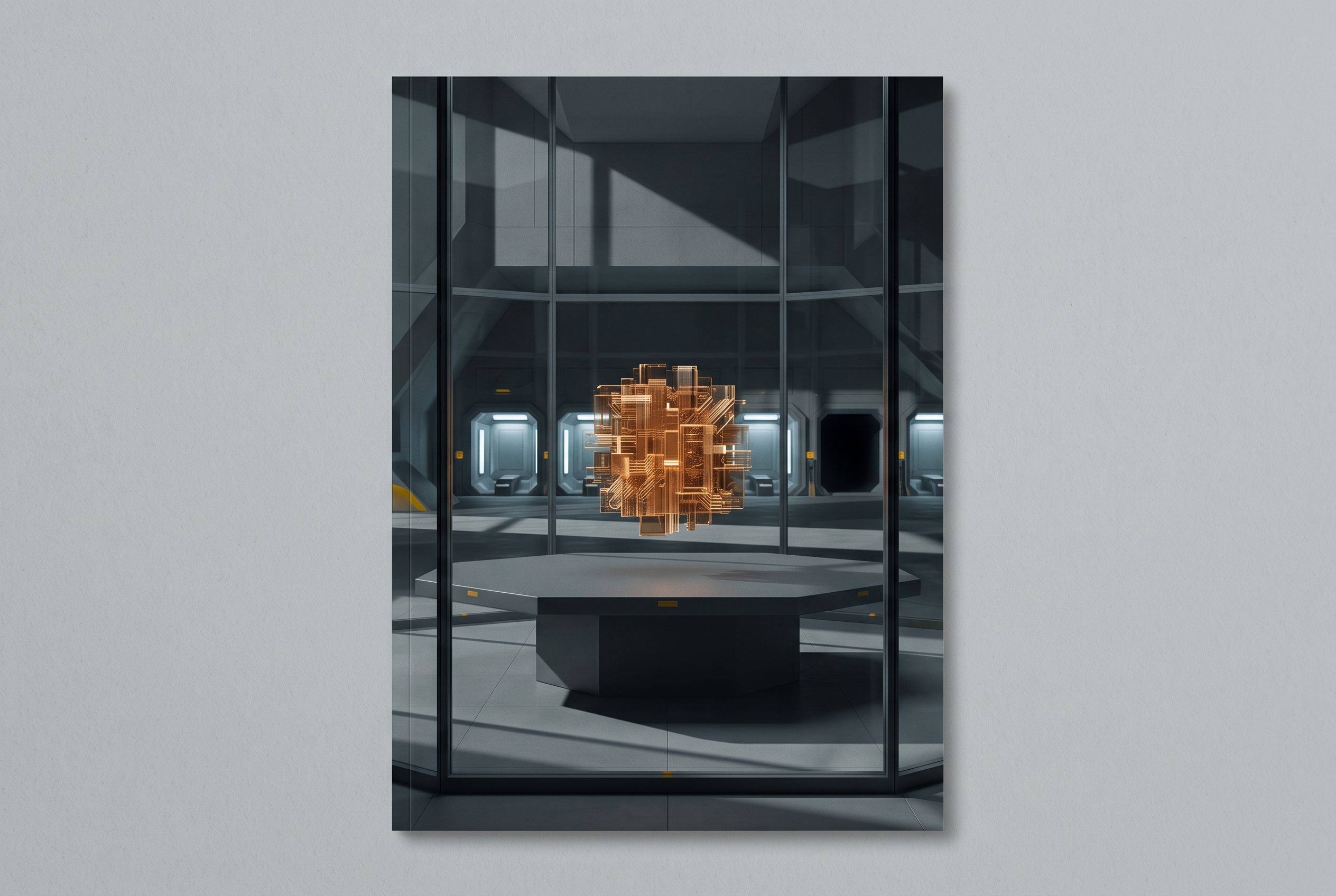 An amber computational core behind graphite glass panels, with one empty docking aperture.