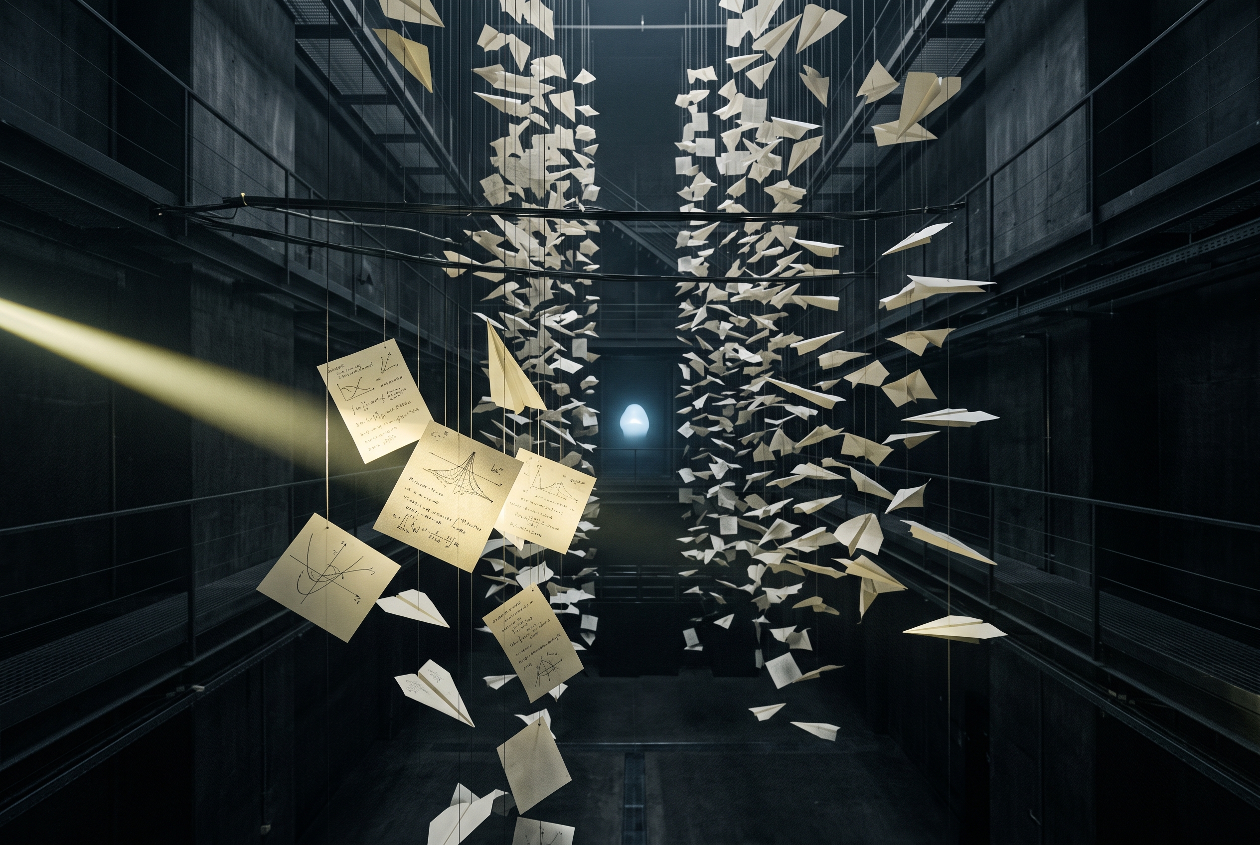 An abstract archive of mathematical manuscripts, with a few pages illuminated in yellow.