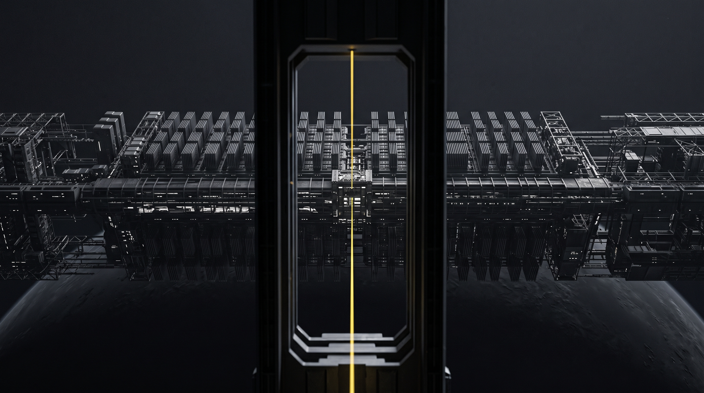 A yellow beam measures a dark futuristic compute structure, evoking revenue scrutiny and infrastructure investment.