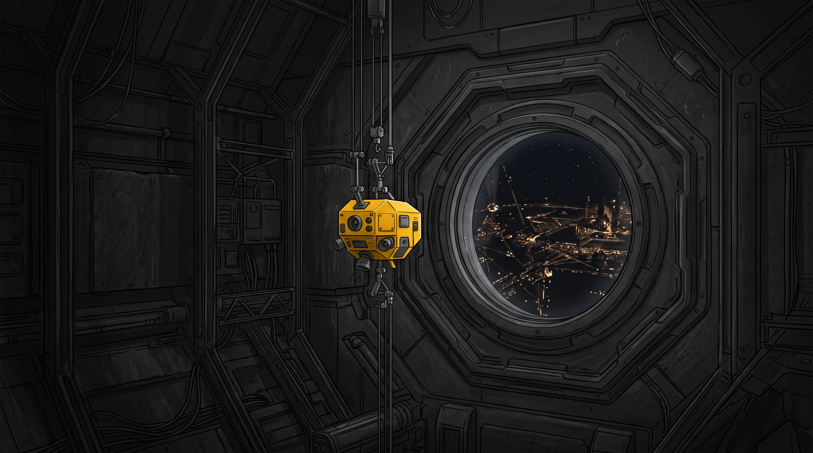 A yellow probe inside a dark test chamber faces a sealed aperture toward distant city lights.