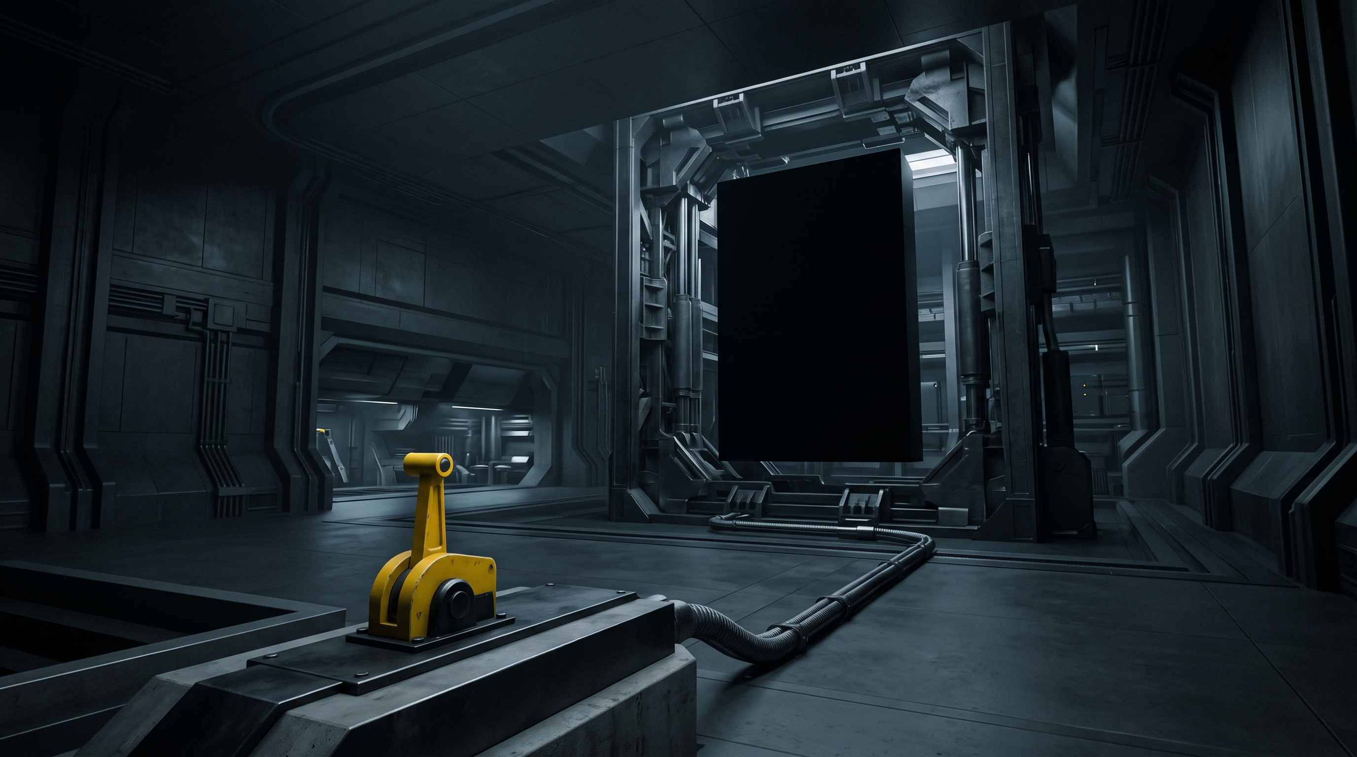 An opaque black monolith within a mechanical enclosure, with a separate yellow control lever.