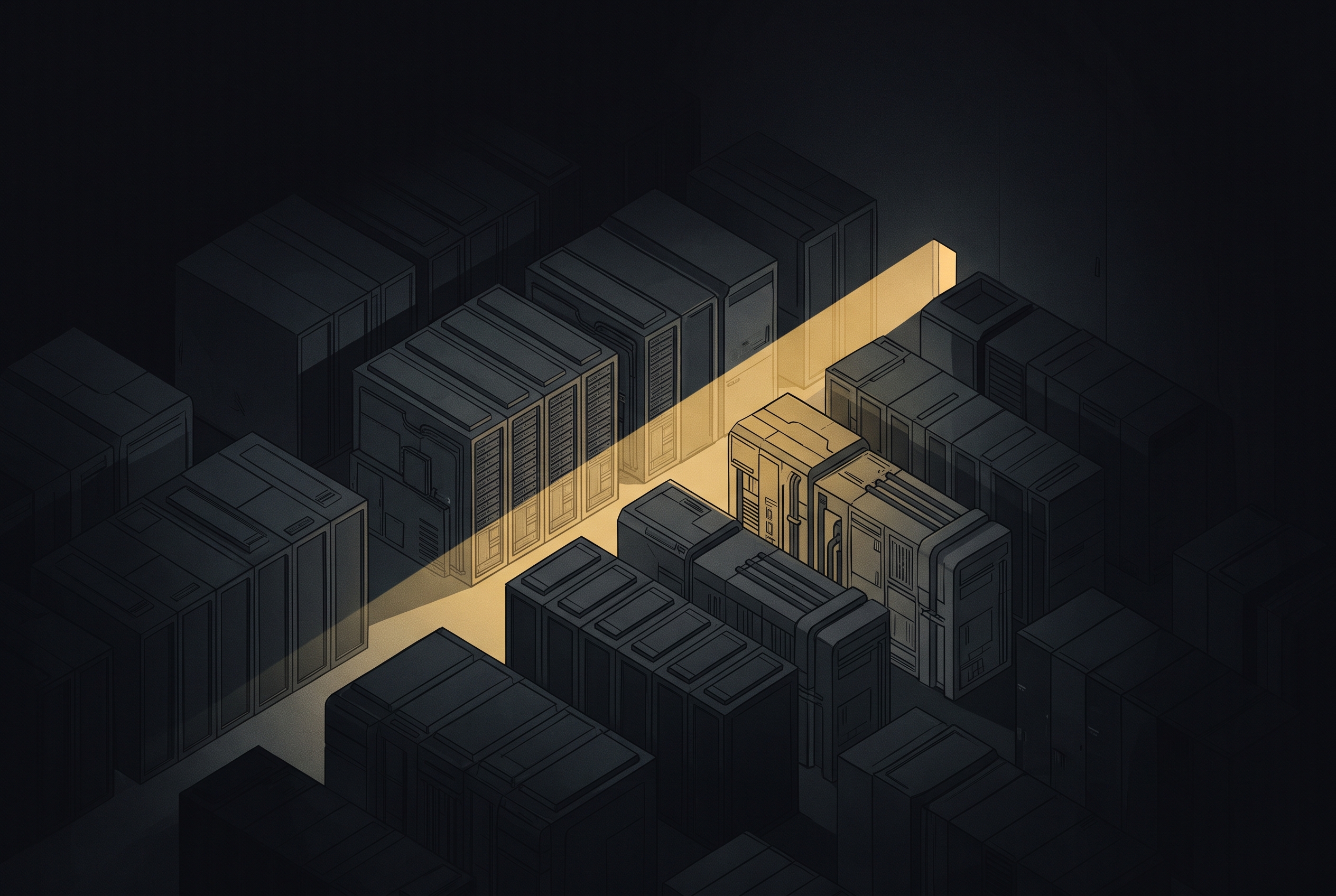 A narrow ribbon of yellow light illuminates a few server structures in a vast dark data-center hall.