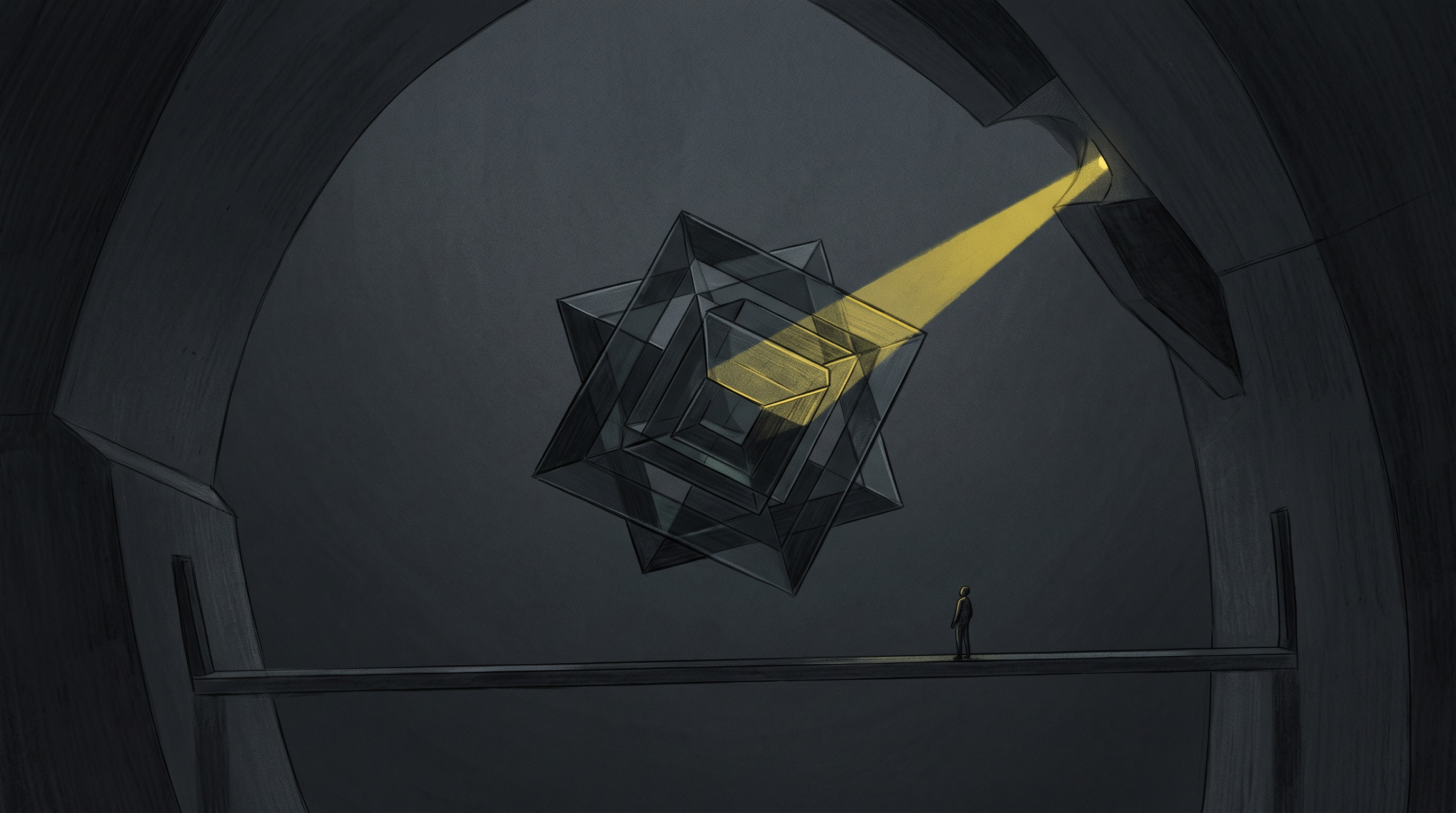 A yellow inspection beam illuminates a suspended dark geometric machine.