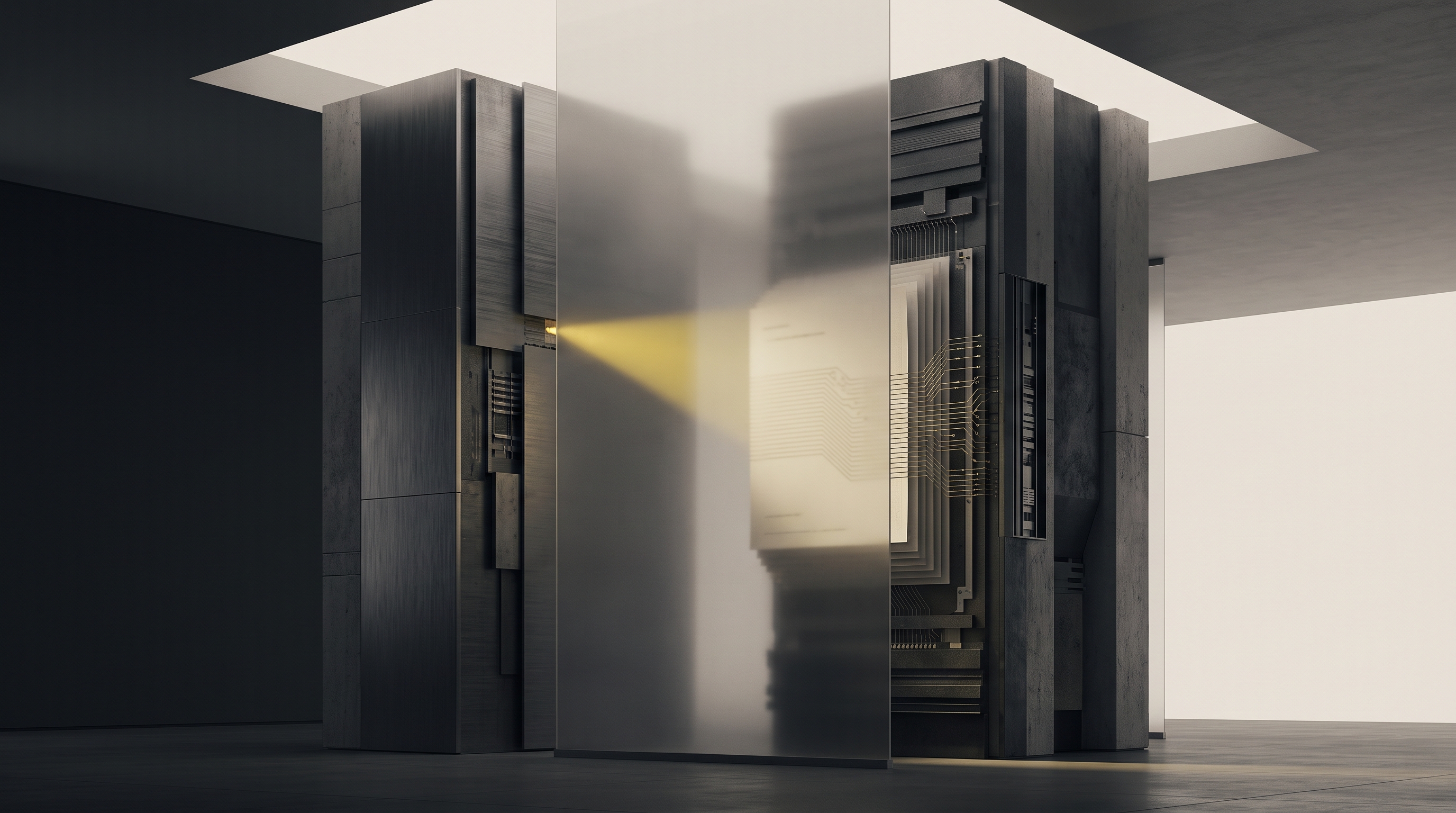 Abstract computational structures illuminated through a translucent screen in charcoal and signal yellow.