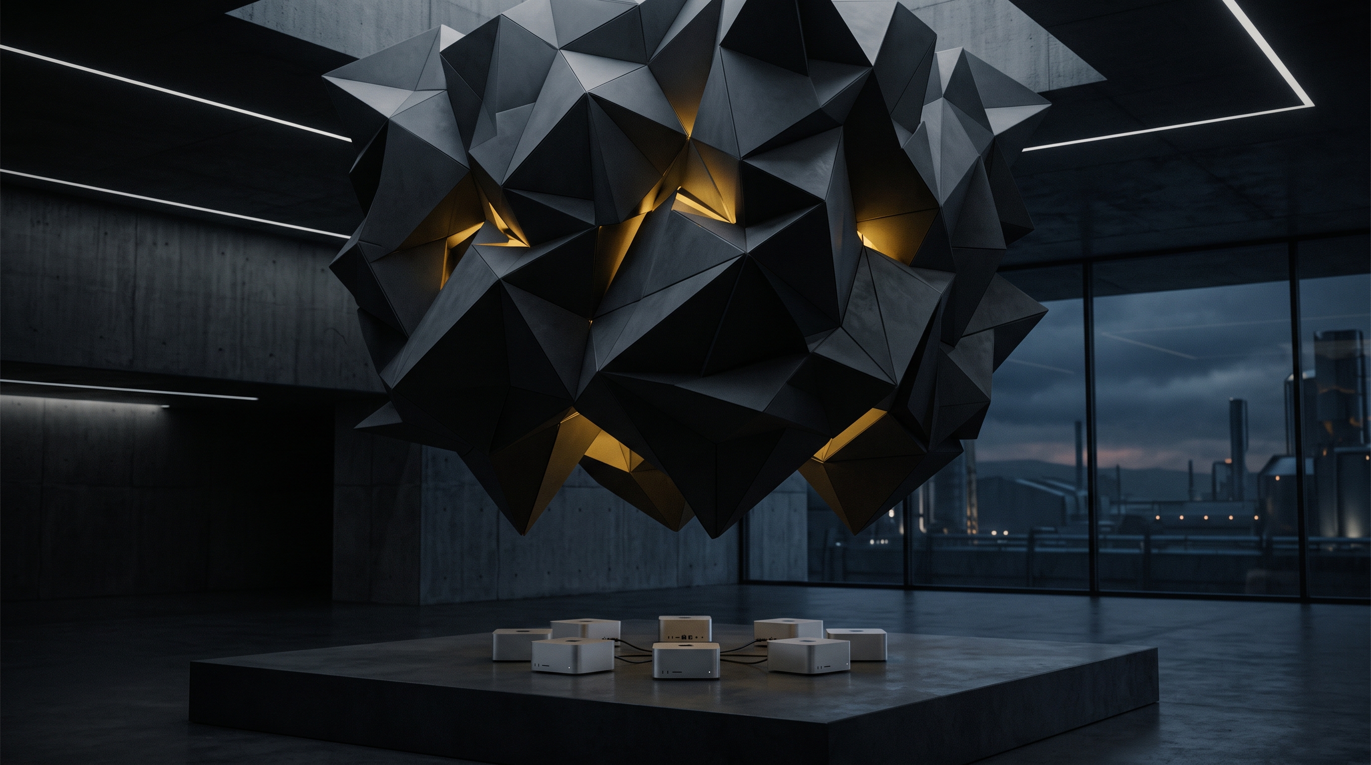 An abstract geometric intelligence above a group of silver desktop computers in a dark room.