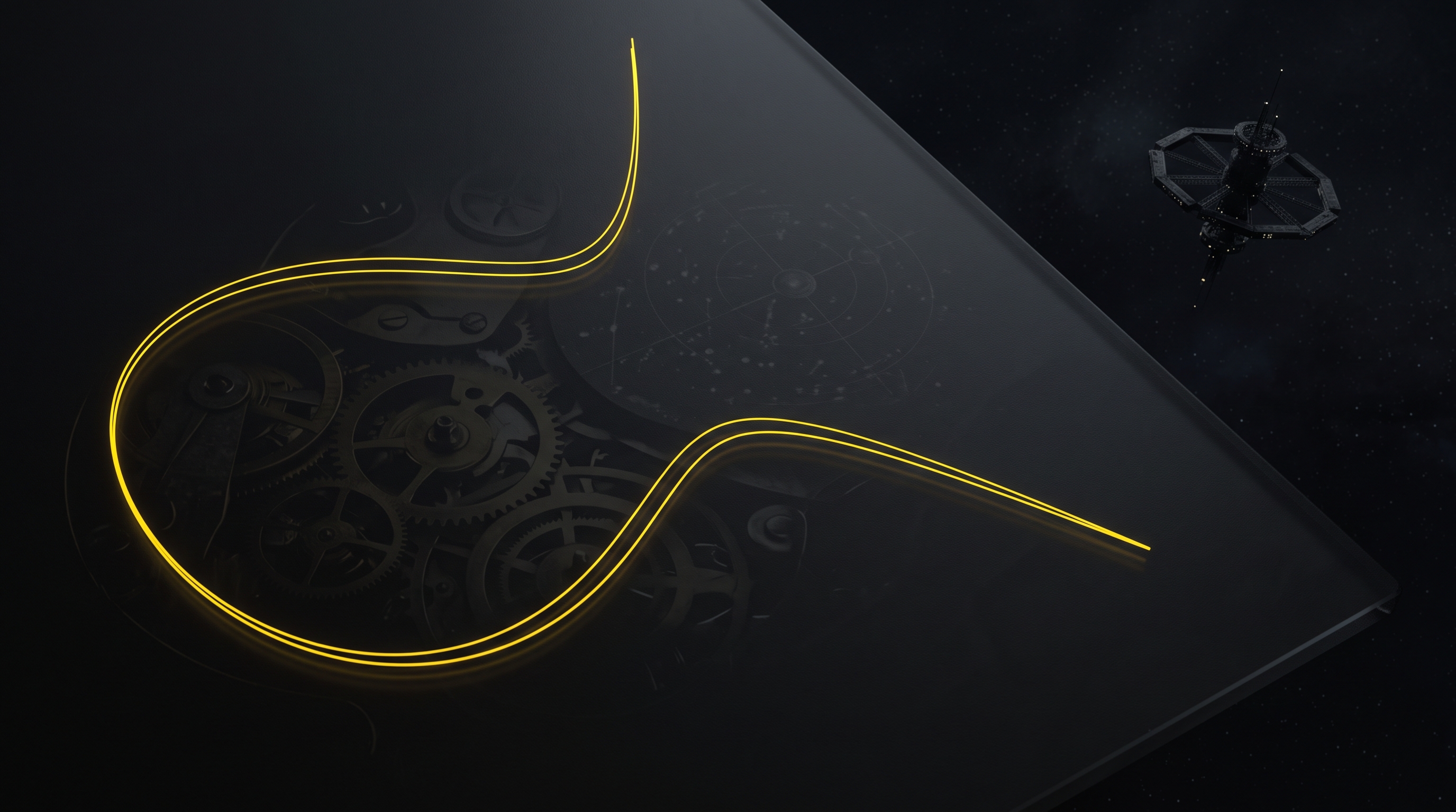 A yellow elliptic curve on dark glass, with faint clockwork reflections.