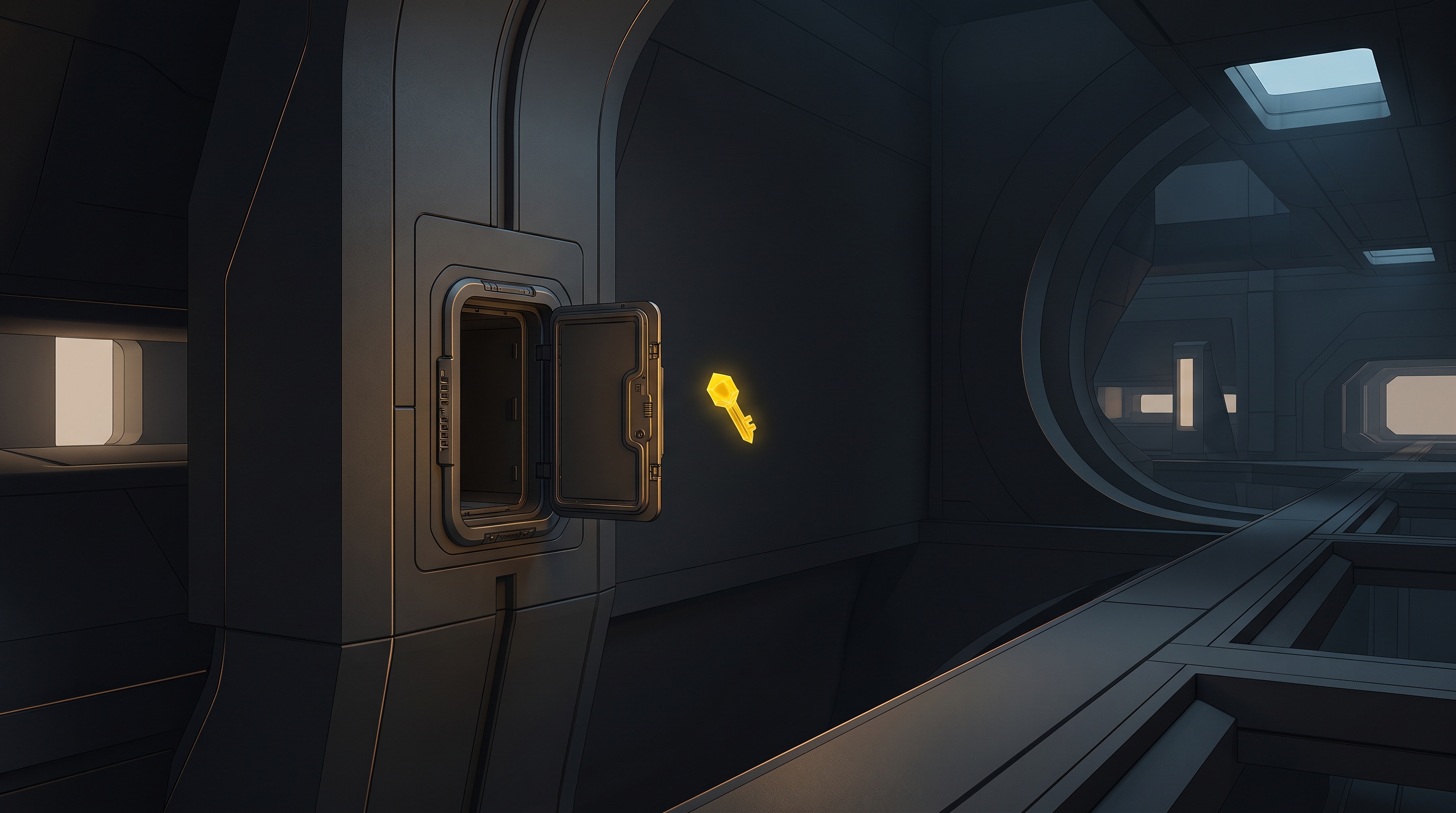 A signal-yellow key floats outside an open compartment in a dark graphite interior.
