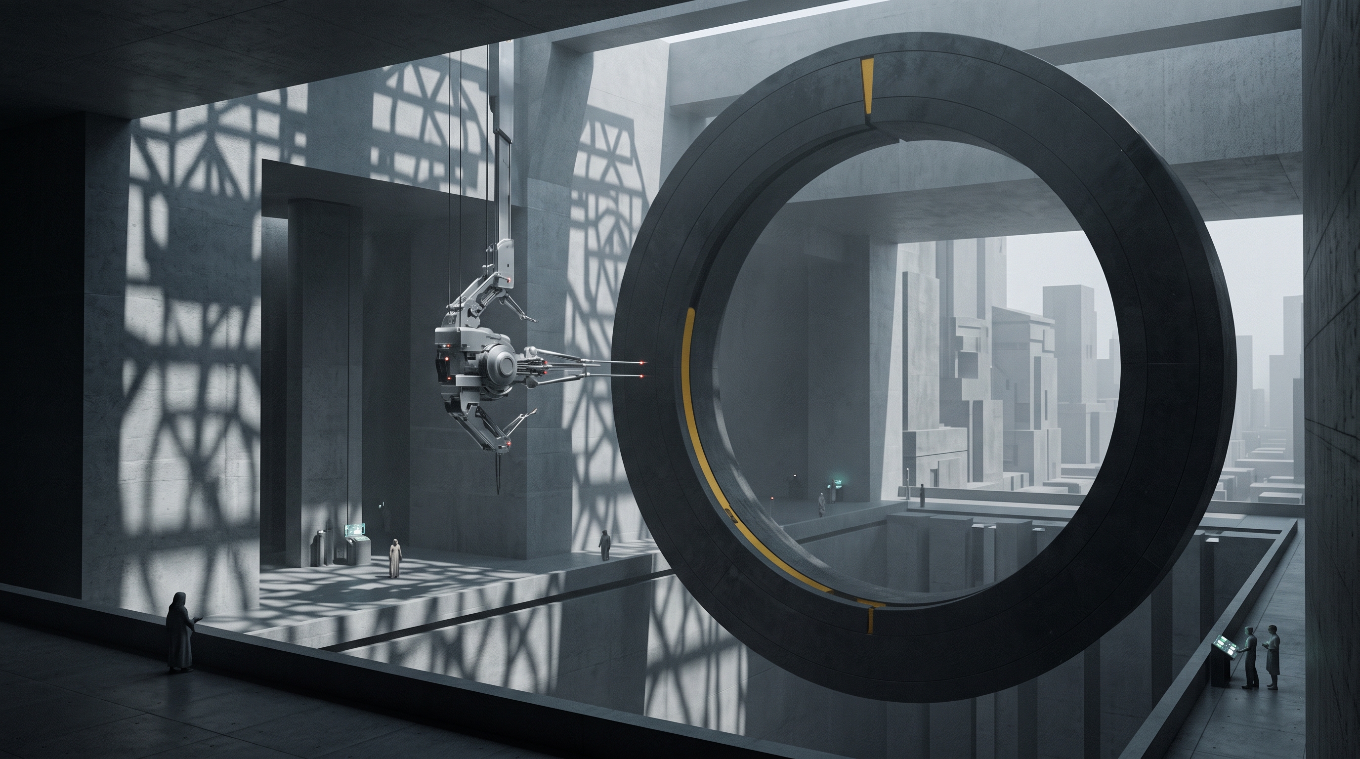 A dark circular structure with a yellow inlay beneath a suspended silver mechanism, evoking equity and corporate control.