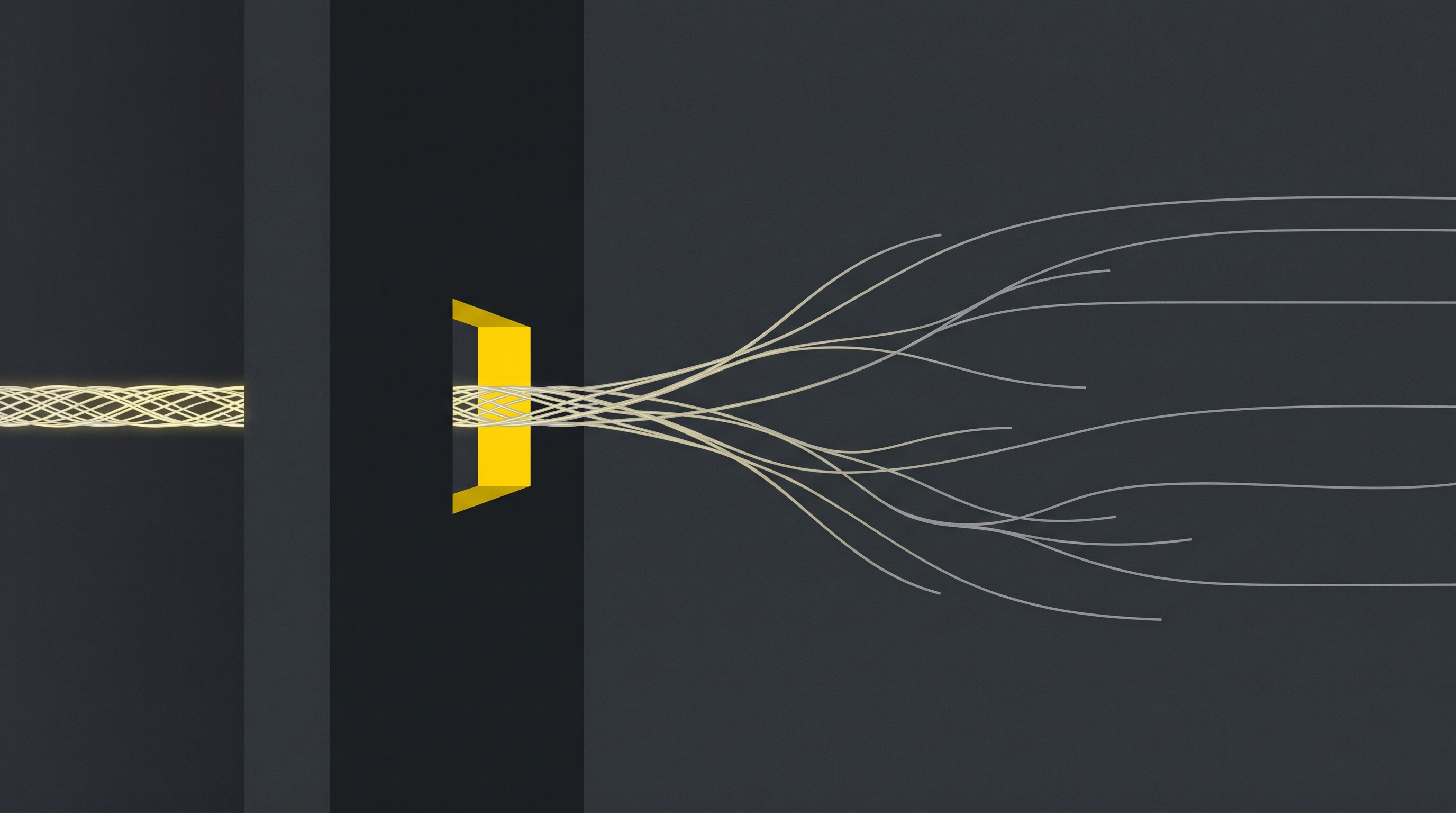Yellow filaments divide around an aperture in a dark wall, evoking restrictions on AI software and its wider circulation.