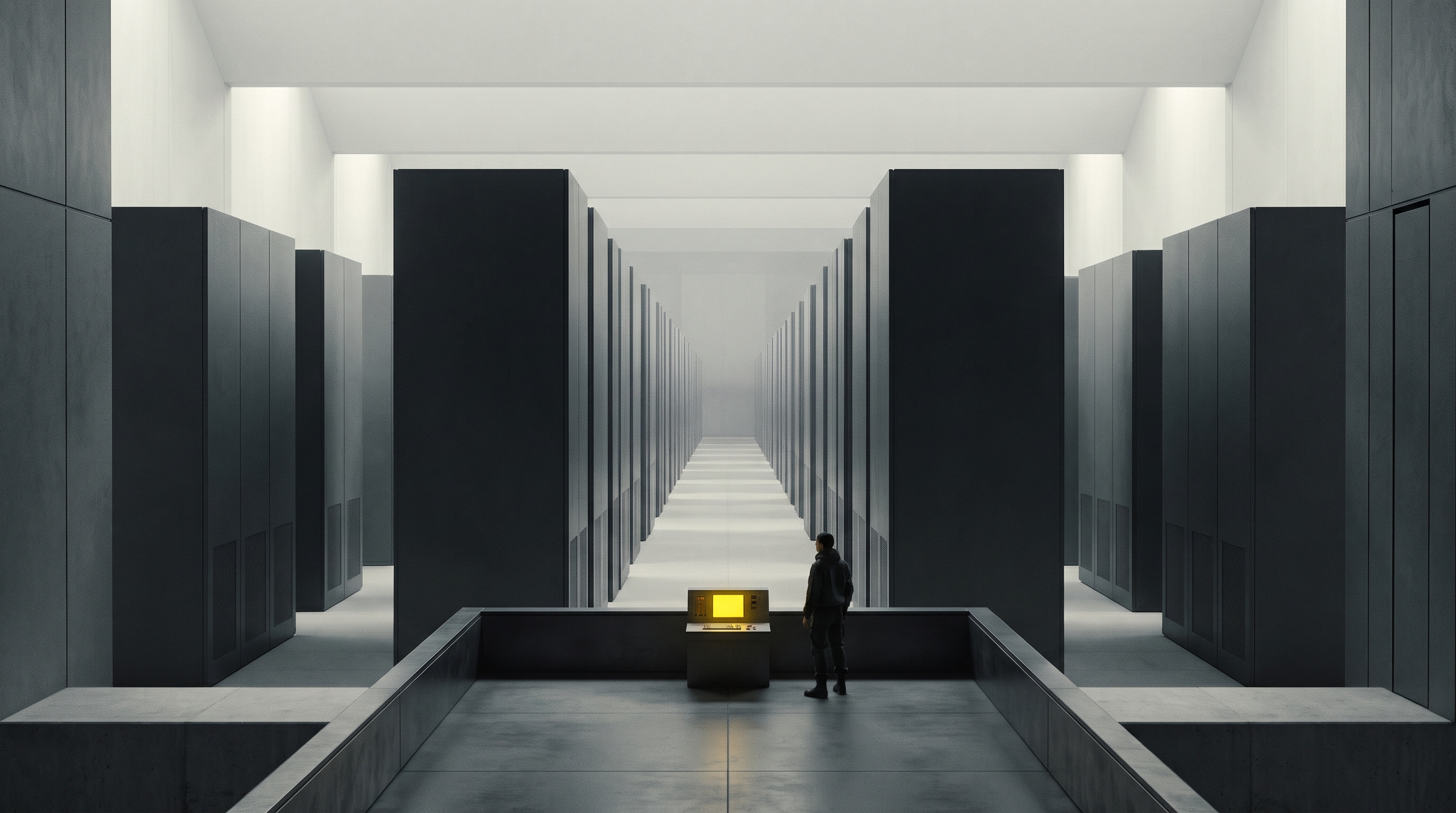 A signal-yellow instrument on an observation platform overlooks a vast graphite computing hall.