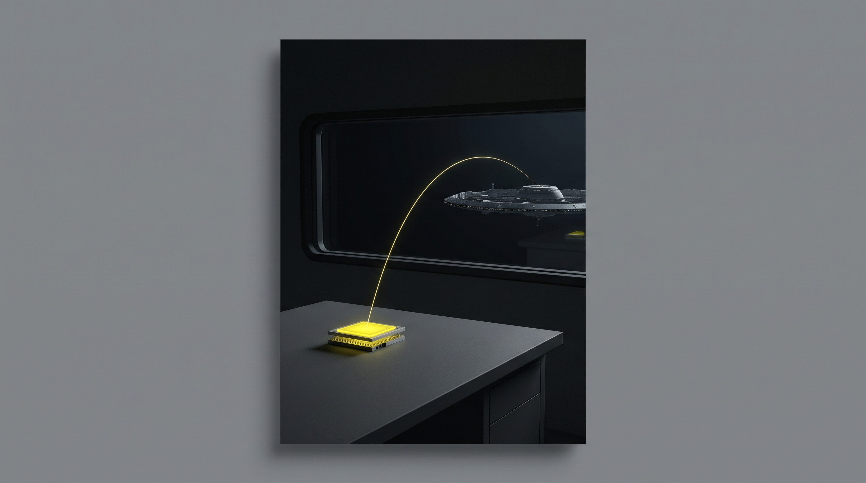 A small yellow computing module faces a distant orbital computing habitat.