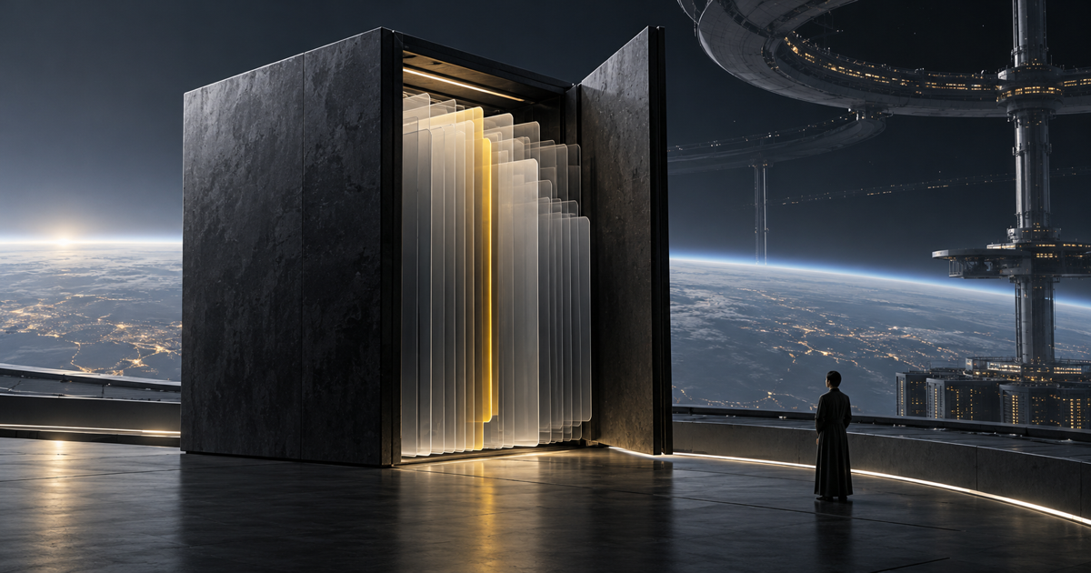An open charcoal archive with translucent filing sheets and a yellow edge, backed by distant server lights.