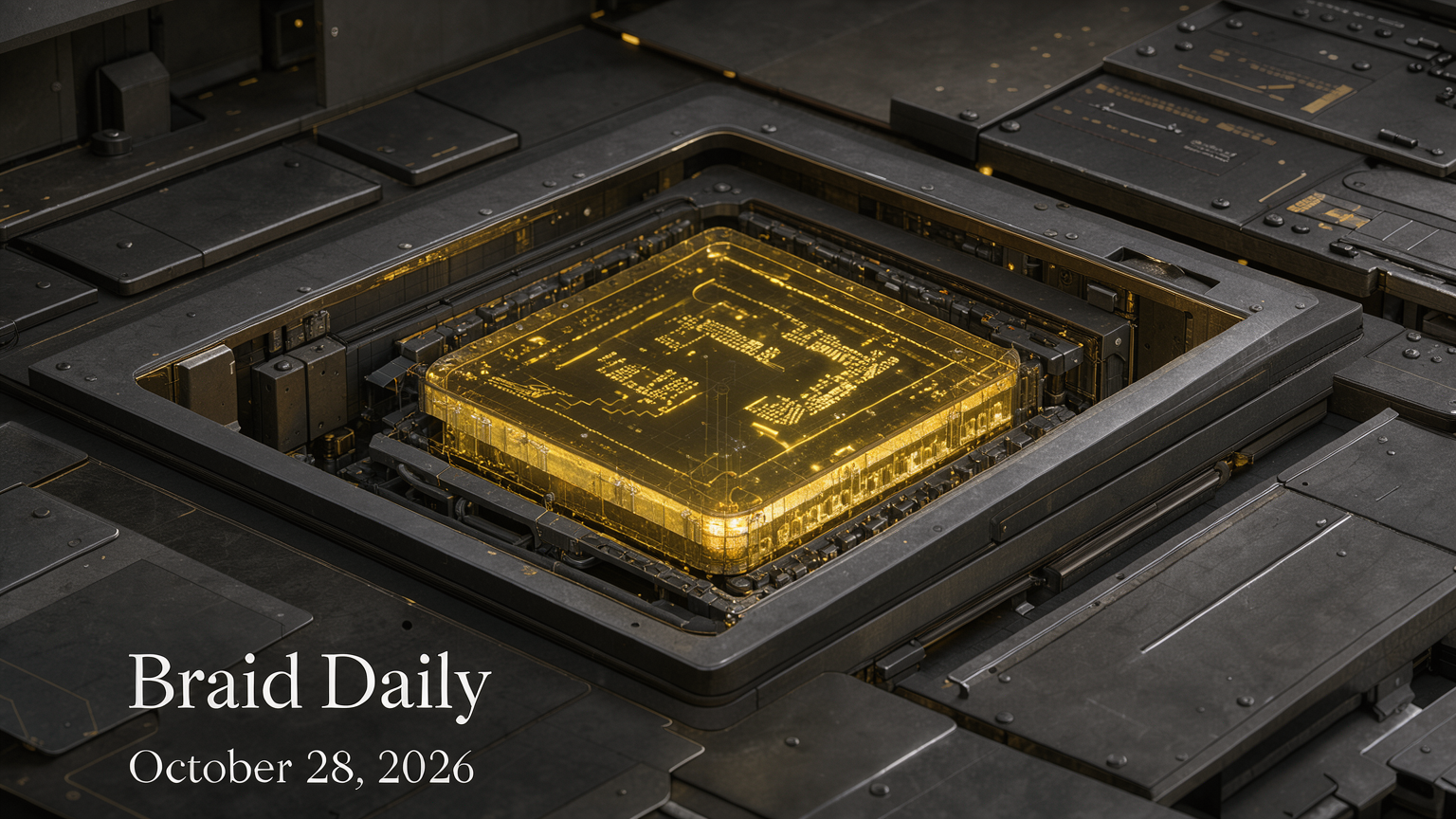 A yellow computational core suspended inside a dark modular enclosure, evoking an agent execution environment.