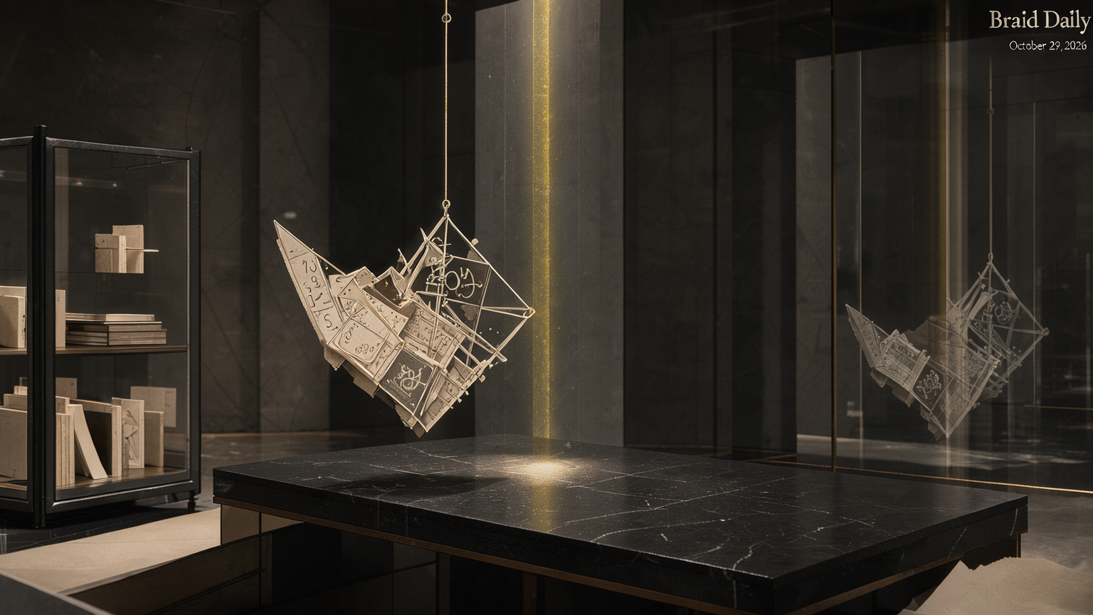 A mathematical sculpture and its offset glass reflection under a yellow light in a dark research chamber.
