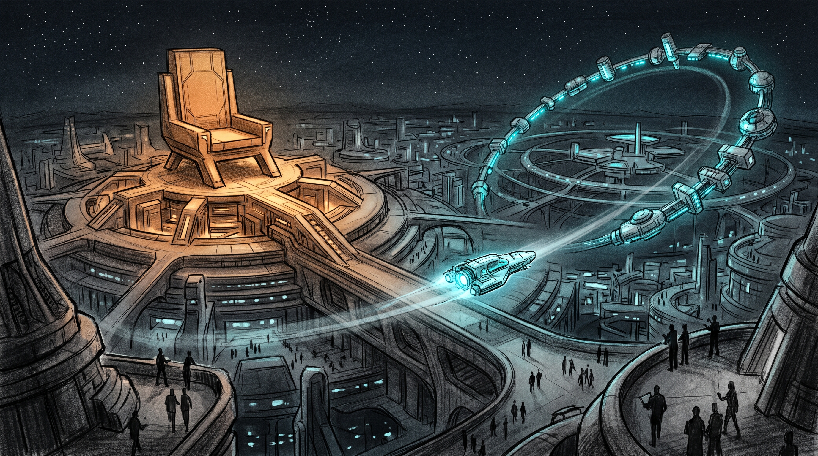 An abstract AI research campus divides between an elevated amber platform and a departing craft bound for a loop of experimental stations.